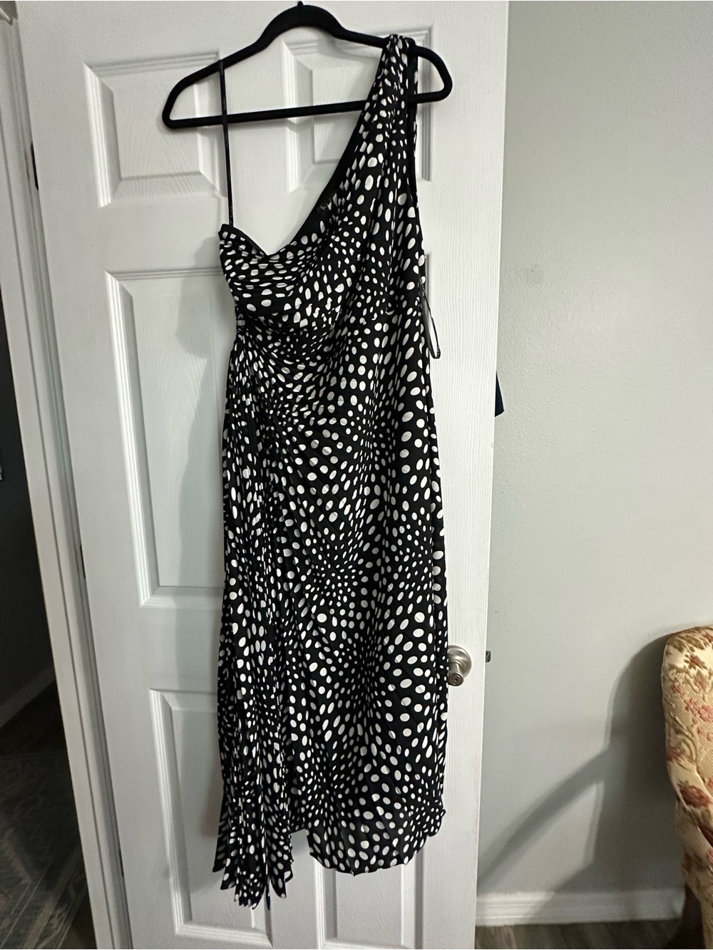 Nicole Miller Black and White Polka One-Shoulder Dress
